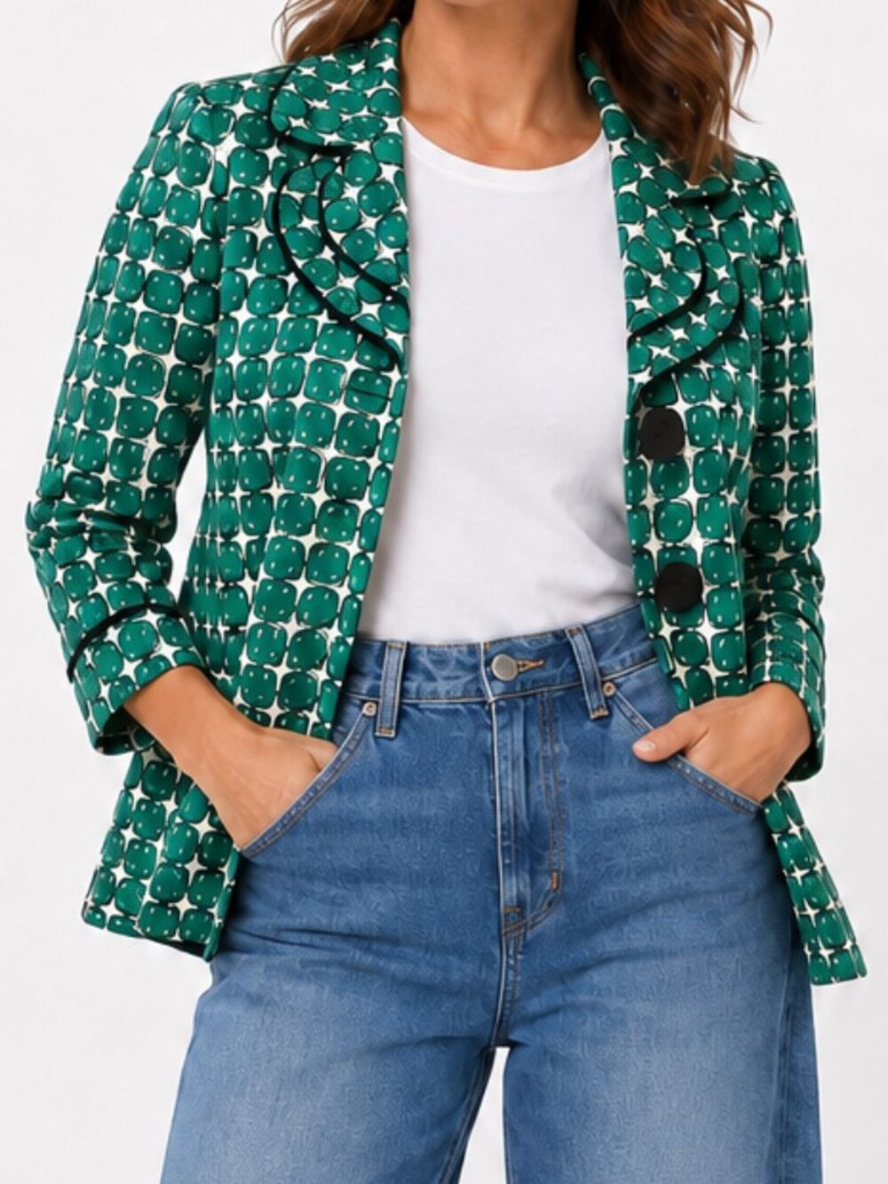 Vintage Y2K NINE WEST Size 4 Emerald Green Geometric Print Blazer Jacket